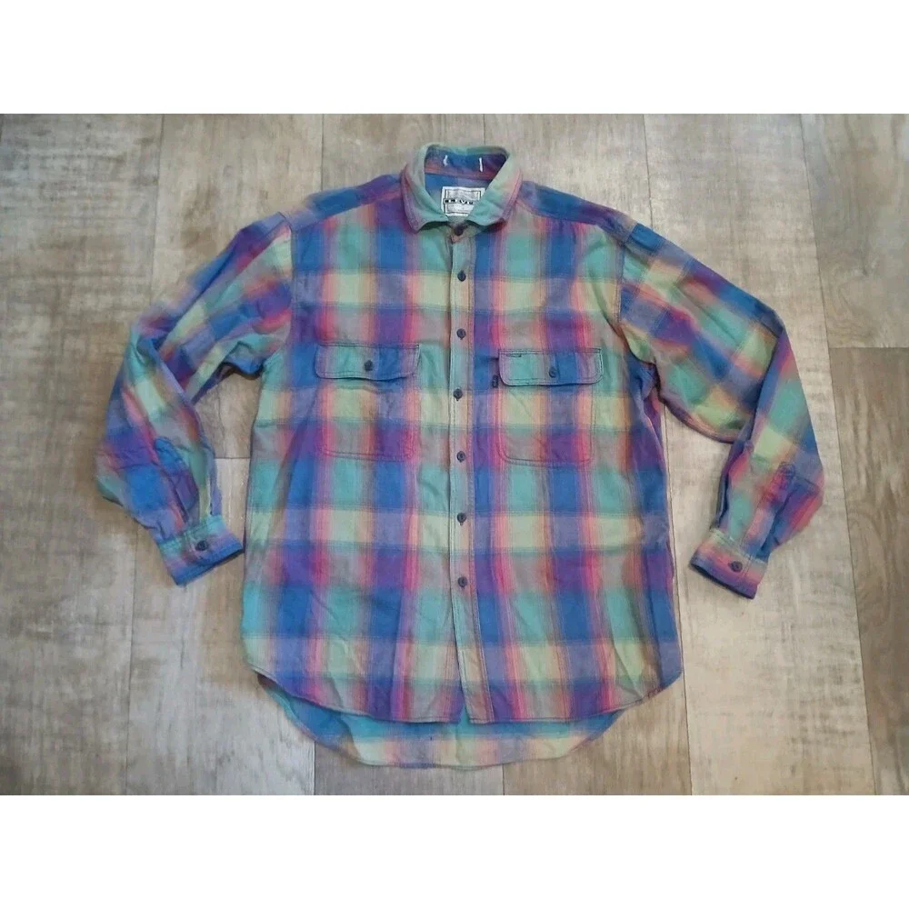 Vintage Levi's Rainbow Plaid Flannel Long Sleeve Button Up Shirt Size Mens Large